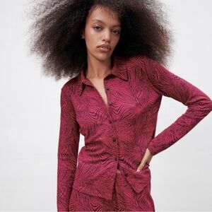 Zara jacquard magenta pink and black flare pant set size medium